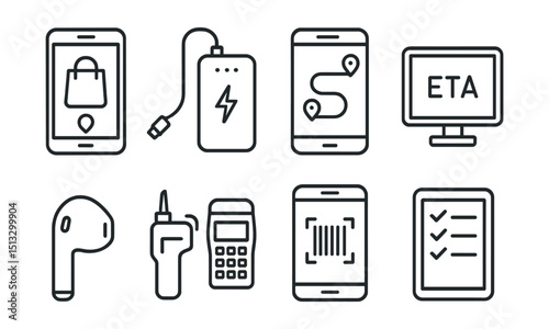 Line style icons of courier life: phone with delivery app, power bank icon, app with route instructions, screen with ETA update, in-ear headphone icon, courier device tools, app screen with barcode,
