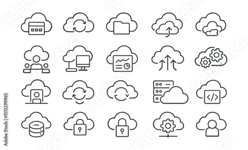 Line style icons of cloud integration and digital systems: cloud app, sync icon, online storage, cloud sharing, hybrid cloud, team cloud, multi-device cloud, cloud dashboard, scalable system, SaaS