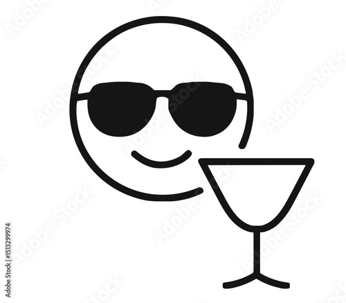 Iconic smiley face wearing sunglasses holding a cocktail glass, all inclusive concept  
