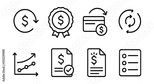 Line style icons of service logistics: refund process icon, money back badge, refund to card symbol, amount processing circle, refund timeline chart, refund confirmation note, credit issued icon,