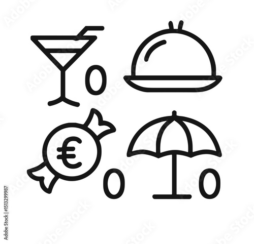 Vacation concept with cocktails, meal, sweets, and umbrella icons - Concept of vector icon vacation, all inclusive  