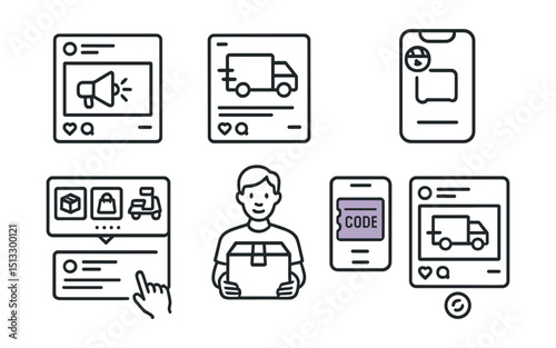 Line style icons of delivery marketing: social media ad icon, post with delivery offer, carousel with delivery products, sponsored reel badge, influencer holding box, promo code in story, social ad