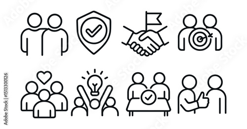 Line style icons of goals and achievements: accountability partner icon, buddy check badge, goal partner handshake, shared target icon, support system symbol, team motivation icon, progress check