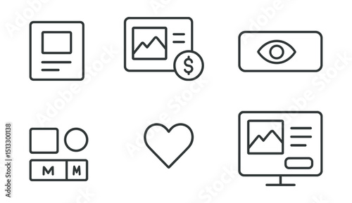 Line style icons of e-commerce journey: product card icon, item preview with photo, title and price badge, quick view button, compare icon, color and size selector, wishlist heart icon, product