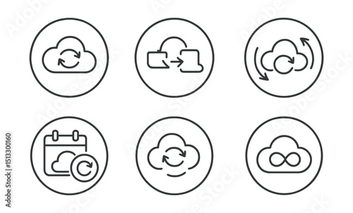 Line style icons of cloud technology: sync icon with arrows, real-time synchronization symbol, auto-sync badge, sync between devices, rotation arrows in cloud, calendar with sync mark, file update