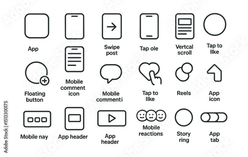 Line style icons of mobile-first social interfaces: mobile app icon, phone UI, swipe post, vertical scroll, mobile post layout, floating button, feed screen, mobile comment icon, tap to like, story