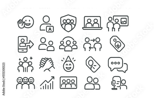 Line style icons of social interaction and culture: emoji wave, user tag, community badge, virtual meet, group post, shared story, reply icon, social vibe, mutual follower, culture tag, team culture,