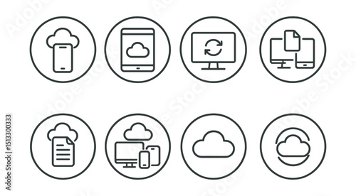 Line style icons of cloud storage: mobile access to cloud, tablet with cloud symbol, desktop sync screen, cross-device file access, file open on phone icon, multi-device cloud badge, universal cloud