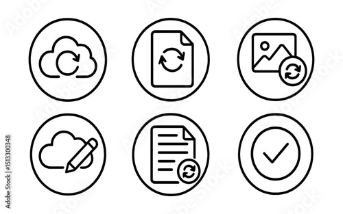 Line style icons of cloud sync: file update ring, document refresh icon, photo sync badge, media update symbol, cloud with pencil icon, synced text document, video auto-upload, latest version symbol.