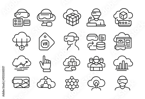 Line style icons of VR environments in cloud platforms: VR interface, cloud-based VR, spatial dashboard, immersive workspace, VR settings panel, virtual server room, cloud VR control, 3D cloud UI,