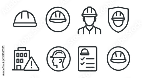 Line style icons of workplace safety: hard hat icon, protective helmet symbol, employee in helmet, safety gear badge, construction site with warning, head protection sign, helmet checklist, mandatory