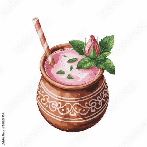Traditional Rose Lassi with Mint in Painted Clay Pot