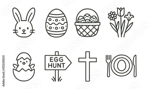 Line style icons of Easter: bunny icon, decorated egg, Easter basket, spring flowers, chick hatching, egg hunt sign, cross symbol, festive brunch.
