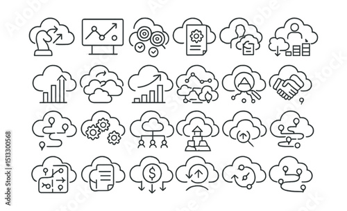Line style icons of business strategy in cloud environments: strategy icon, roadmap board, cloud objectives, service plan, multi-cloud decision, scaling plan, investment chart, platform strategy map,