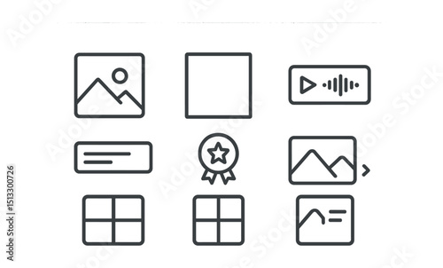 Line style icons of social media content: image post icon, photo frame symbol, text caption field, audio clip preview, shareable content badge, carousel of media, media grid layout, creative post