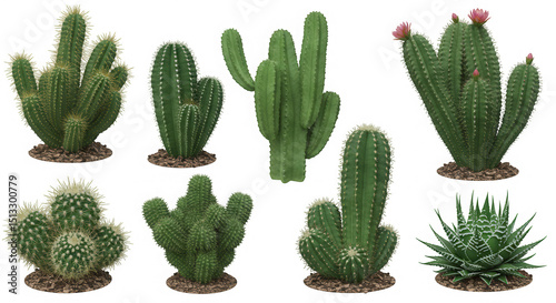 Collection of various cactus plants isolated on transparent background photo