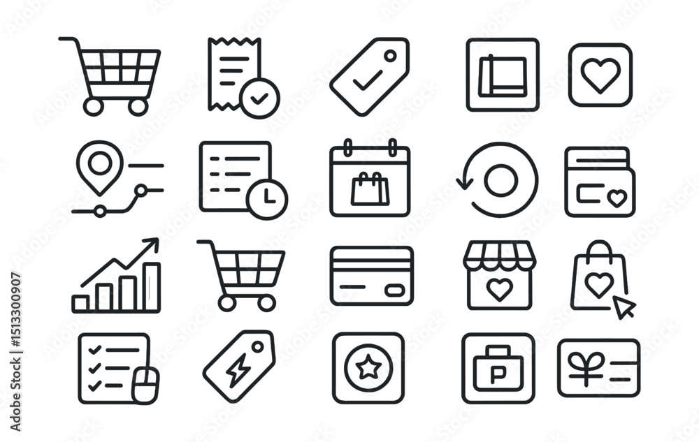 Line style icons of shopping and personal expenses: cart icon, shopping receipt, recent orders tag, product wishlist icon, order tracker, purchase history log, shopping calendar, refund request badge Line style icons of shopping and personal expenses: cart icon, shopping receipt, recent orders tag, product wishlist icon, order tracker, purchase history log, shopping calendar, refund request badge