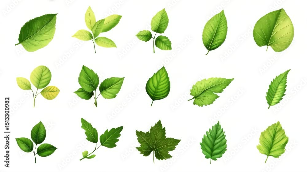 Collection of illustrations of different green leaves on white background Collection of illustrations of different green leaves on white background
