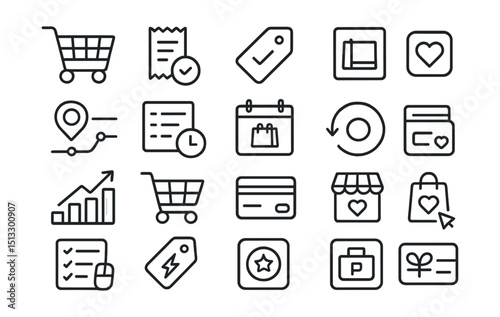 Line style icons of shopping and personal expenses: cart icon, shopping receipt, recent orders tag, product wishlist icon, order tracker, purchase history log, shopping calendar, refund request badge