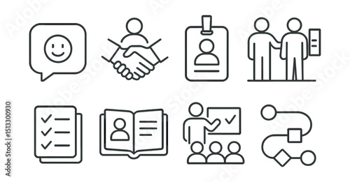 Line style icons of employee onboarding: welcome message icon, handshake with new hire, first day badge, introduction to workplace, onboarding checklist, new hire guidebook, orientation session