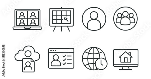 Line style icons of remote teams: laptop group call, digital whiteboard, remote avatar icon, online team badge, cloud collaboration file, remote task tracking, timezone world icon, home office screen