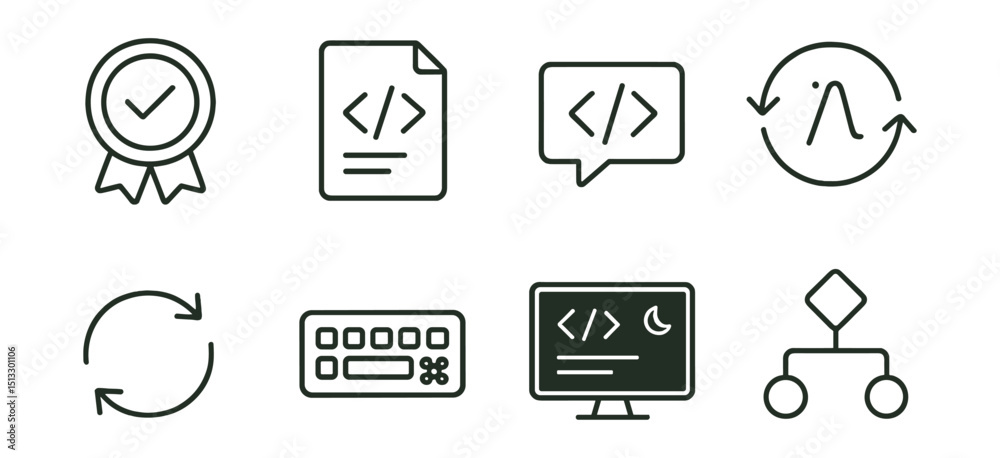 Line style icons of programming logic: if/else diagram, for loop icon, function call, switch case flow, recursion loop, boolean logic, return value, logic gate.