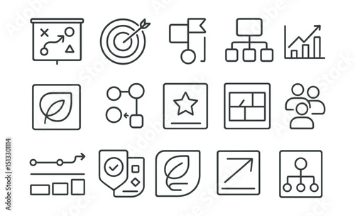 Line style icons of strategy, goals, and roadmap building: strategy map icon, target with green arrow, milestone objective tag, implementation steps chart, vision to action board, sustainability KPI