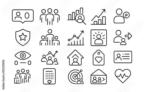 Line style icons of social followers and audience building: follower count tag, community icon, audience insights chart, follower growth graph, new follower ping, fan badge, influencer audience icon,