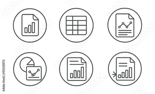 Line style icons of visual data and infographics: data file icon in circle, spreadsheet symbol, analytics document badge, report with chart preview, table and graph icon, metrics on paper ring,