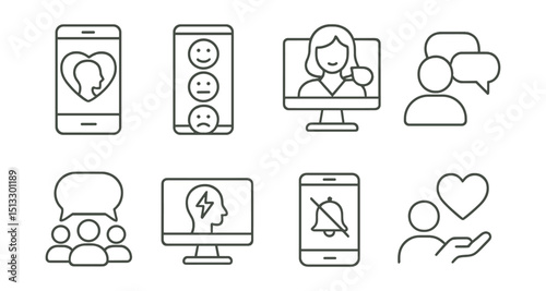 Line style icons of digital mental health: mental health app, mood emoji tracker, virtual therapist, chat-based counseling, online community, stress test online, notification detox, digital support