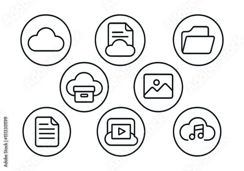Line style icons of cloud storage: main cloud icon, document in cloud, folder in cloud, archive box inside cloud, video file in cloud, image gallery cloud symbol, cloud with text file, audio note in