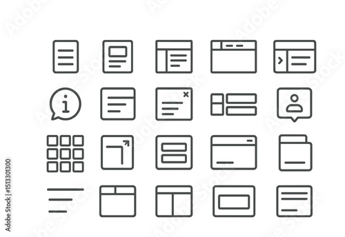 Line style icons of interface elements for project tools: nav bar icon, component module tile, section panel UI, tab navigation layout, drawer sidebar tag, info tooltip tile, floating panel card,