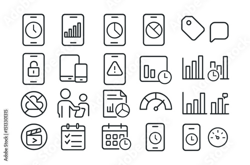 Line style icons of screen time and digital habits tracking: daily screen usage, weekly screen time chart, app usage breakdown, screen limit icon, usage category tag, phone unlock tracker, device
