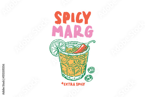 Spicy Margarita Cocktail Drink Illustration with Lime and Chili