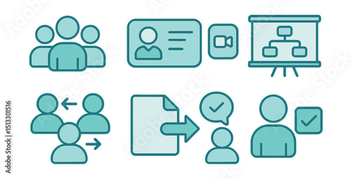 Outline with Fill icon set for freelance team communication: team icon, roles card, group call, shared board, alignment icon, file share, check-in icon, task assign.