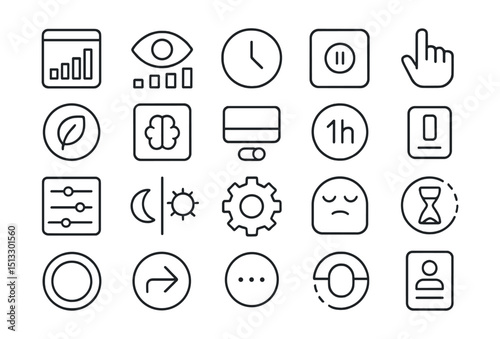 Line style icons of digital wellbeing and user autonomy: screen time card, usage awareness icon, time management dial, app pause tag, user-driven control tile, detox mode bubble, conscious app tile,