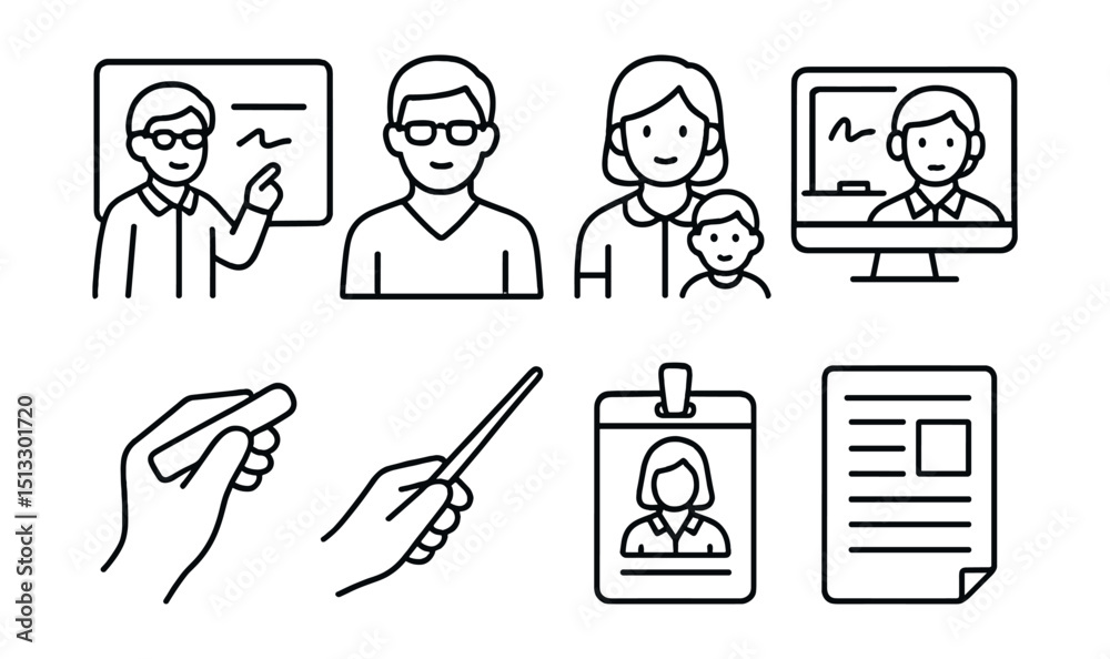 Line style icons of teachers and education staff: teacher at board, instructor avatar, class assistant, online tutor, chalk in hand, pointing stick, teacher badge, lesson plan sheet.