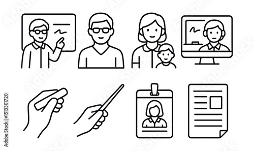 Line style icons of teachers and education staff: teacher at board, instructor avatar, class assistant, online tutor, chalk in hand, pointing stick, teacher badge, lesson plan sheet.