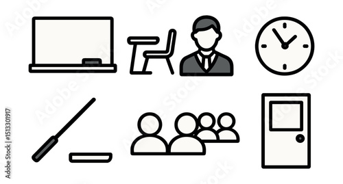 Outline with Fill vector icons of classroom setting: blackboard, school desk, teacher figure, students row, wall clock, pointer stick, chalk tray, classroom door.