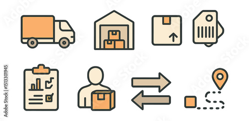 Outline with Fill vector icons of supply chain elements: truck, warehouse, shipping box, barcode tag, inventory chart, supplier icon, freight arrows, product route.