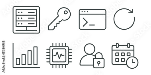 Line style icons of system administration: server rack, SSH key, Linux terminal, system reboot, memory usage chart, CPU monitor, user access control, cron job schedule.