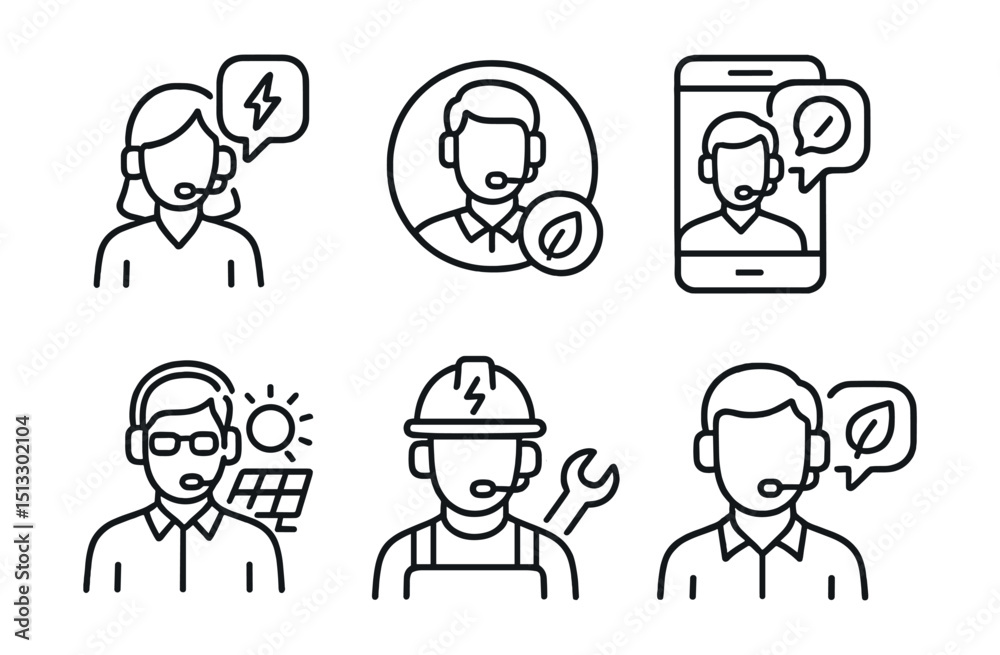 Fototapeta premium Line style icons of sustainable energy: support call icon, contact specialist badge, energy help hotline screen, solar advisor call layout, technician assistance icon, voice chat with eco expert.