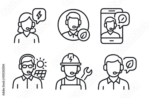 Line style icons of sustainable energy: support call icon, contact specialist badge, energy help hotline screen, solar advisor call layout, technician assistance icon, voice chat with eco expert.