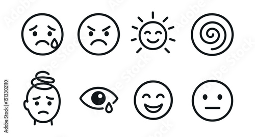 Line style icons of emotional expression: sad face with tear, angry emoji, joy burst, confused swirl, overwhelmed head, crying eye, laugh lines, neutral expression.