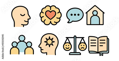 Outline with Fill icon set for mental health support: calm head, brain with heart, chat bubble, safe space, support group, mind icon, emotional scale, journal.