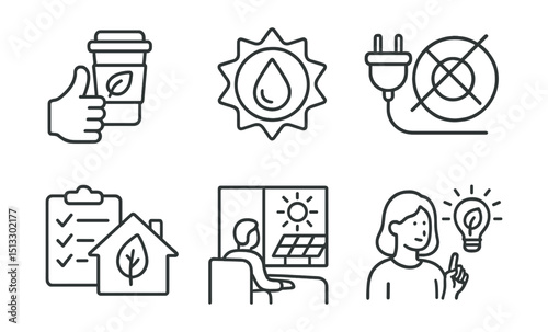 Line style icons of sustainable energy: daily sustainability habit icon, water-saving badge, unplug device reminder, eco checklist for home, morning routine with solar, personal energy efficiency