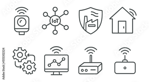 Line style icons of Internet of Things (IoT): connected sensor, IoT network diagram, smart factory badge, home automation icon, machine communication, remote monitoring, IoT gateway, edge device.