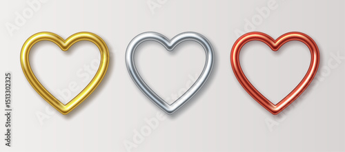 Metal 3D frames in the shape of a heart. Design elements for the wedding or St. Valentine isolated on a light background. Golden, silver and bronze hearts. Vector illustration.