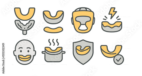 Outline with Fill style icons of sports mouthguards: custom mold tray, dual-layer guard, boxing helmet, shock absorb icon, athlete smile, boil-and-bite, logo design, fit check.