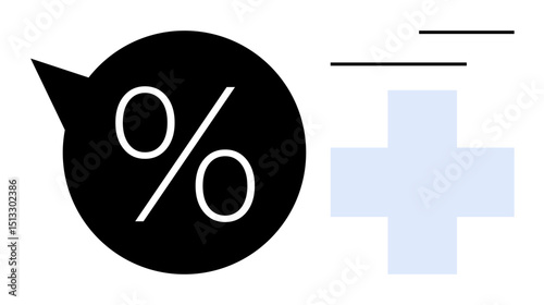 Percentage symbol inside speech bubble with horizontal lines next to blue plus icon. Ideal for finance, healthcare, analysis, communication, growth, progress, positivity. Flat simple metaphor